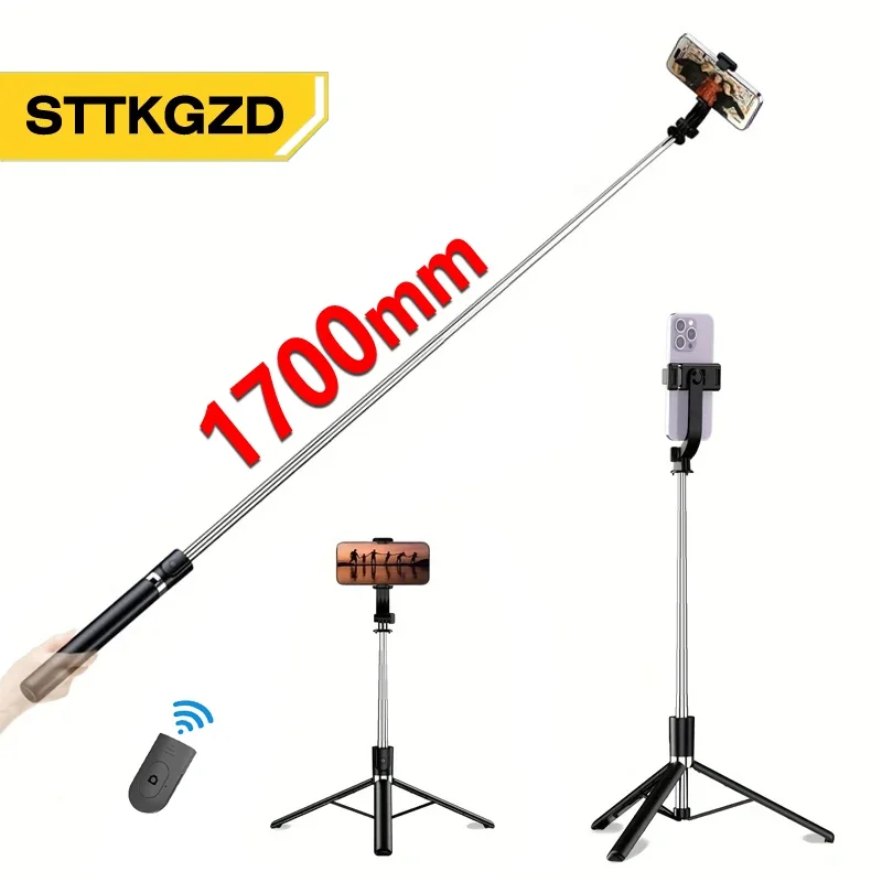 Selfie Stick with 1700mm Reach, Tripod Stand, and Bluetooth Remote for Smartphones