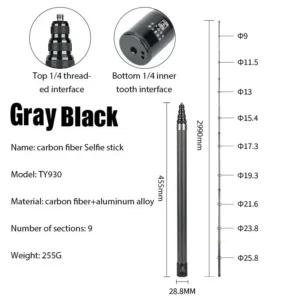 Carbon Fiber Selfie Stick, Extendable to 300 CM, Compatible with Insta360 X3 and GoPro Cameras - Grey