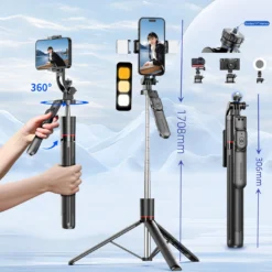 Selfie Stick Tripod with Fill Light and Bluetooth Remote for Mobile Phones, 1708mm Long Monopod, 360° Rotation