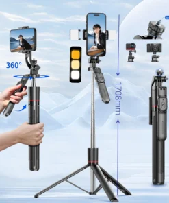 MEUYAG Selfie Stick Tripod with 1708mm Long Monopod Fill Light, Bluetooth Remote, 360° Rotation, 1/4 Interface, for mobile phone